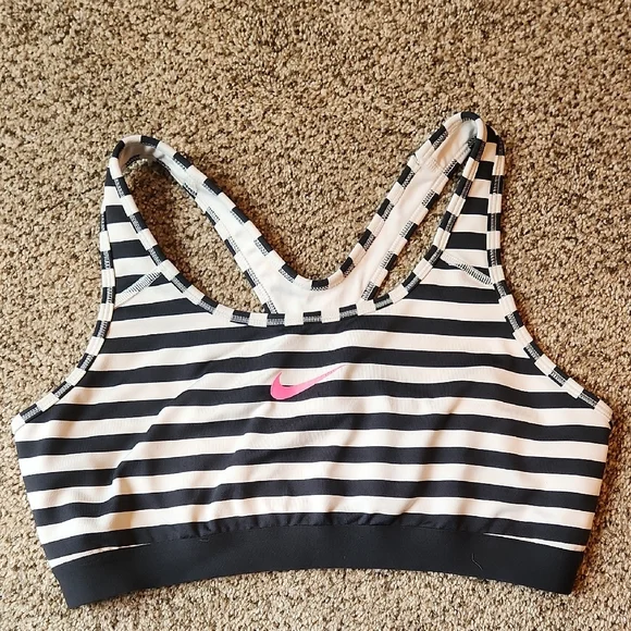 Nike | Black White Stripped Sports Bra w/ Pink Swoosh & Racerback - Picture 1 of 8